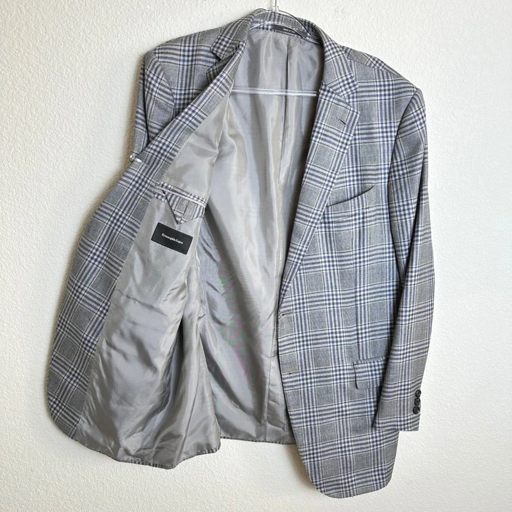 Ermenegildo Zegna Cashmere Silk Sport Coat Grey Blue Plaid Blazer Italy 44R US